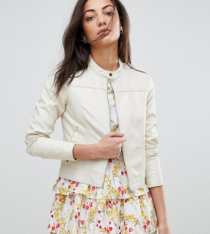 Vero Moda Tall Leather Look Biker Jacket - Beige