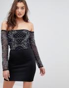 Asos Bardot Long Sleeve Mini Embellished Dress-navy