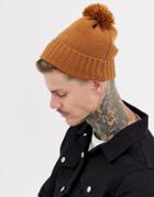 Asos Design Bobble Beanie In Tobacco Recycled Polyester - Tan