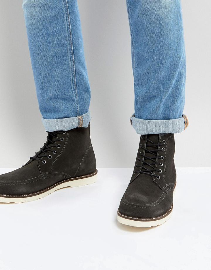 Asos Lace Up Boots In Gray Suede With White Wedge Sole - Gray