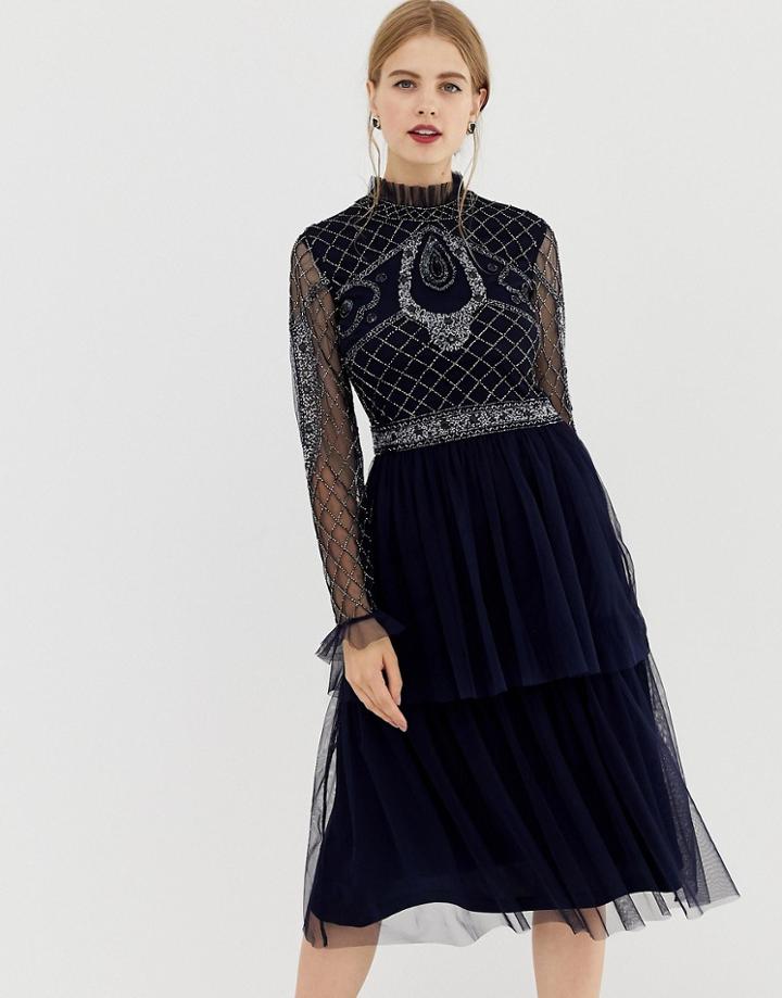 Frock & Frill High Neck Long Sleeve Beaded Dress With Tulle Skirt-navy