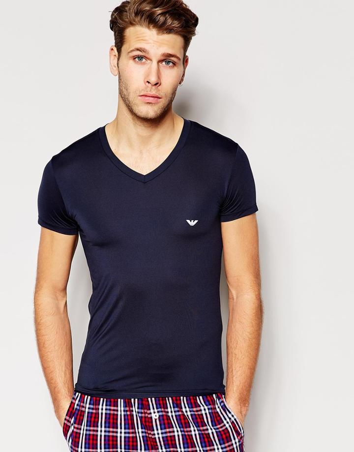 Emporio Armani V Neck Cotton Short Sleeve Top In Extreme Muscle Fit - Navy