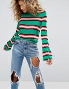Asos Sweater In Stripe With Fluted Sleeve - Green