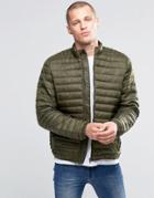 Asos Quilted Jacket With Funnel Neck In Khaki - Green