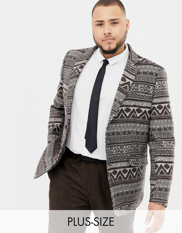 Gianni Feraud Plus Premium Skinny Fit Woven Tapestry Blazer - Gray