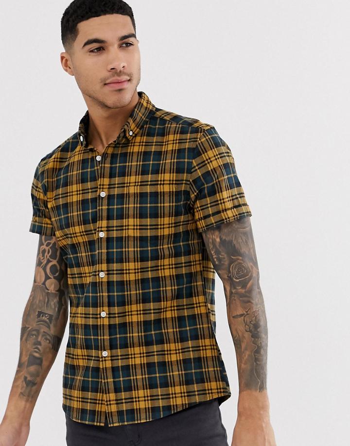 Asos Design Stretch Slim Check Shirt In Mustard - Yellow