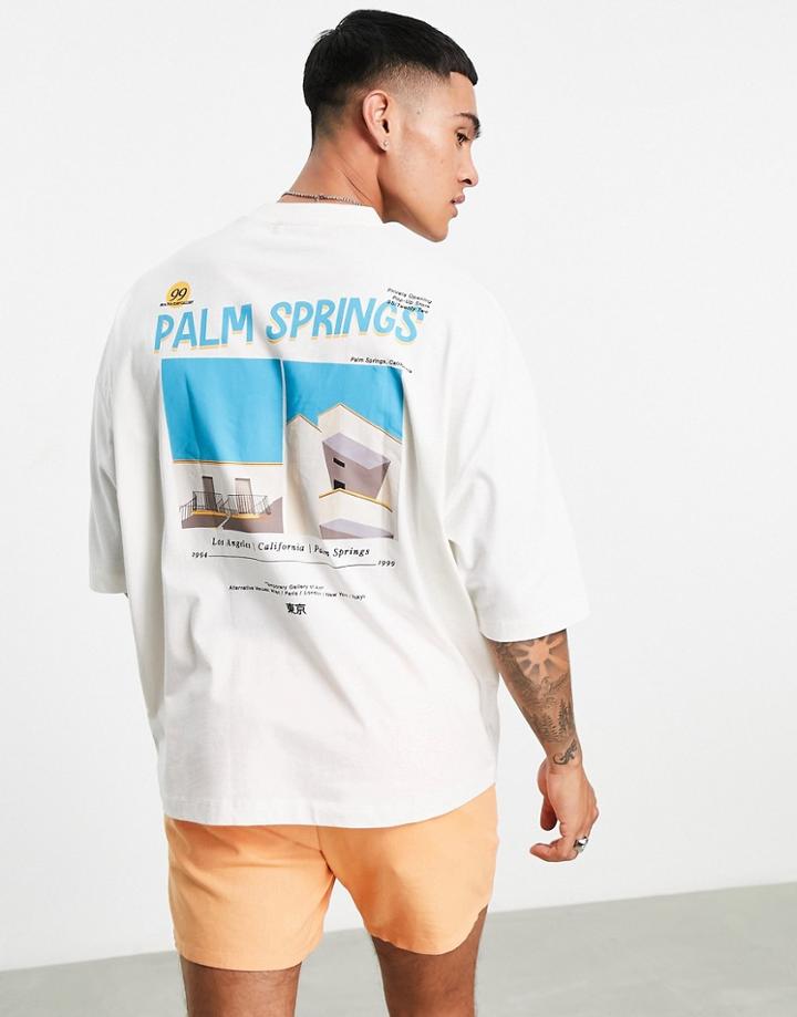 Asos Design Oversized T-shirt In White With Palm Springs Front & Back Print