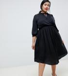 River Island Plus Wrap Front Dress With Tie Neck Detail In Black - Black