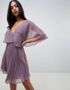 Asos Design Flutter Sleeve Mini Dress With Pleat Skirt - Purple