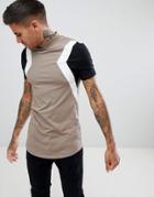 Asos Design Muscle Longline T-shirt With Turtleneck And Cut And Sew In Beige - Brown