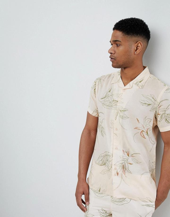 Bellfield Short Sleeve Revere Collar Shirt With Leaf Print - Pink