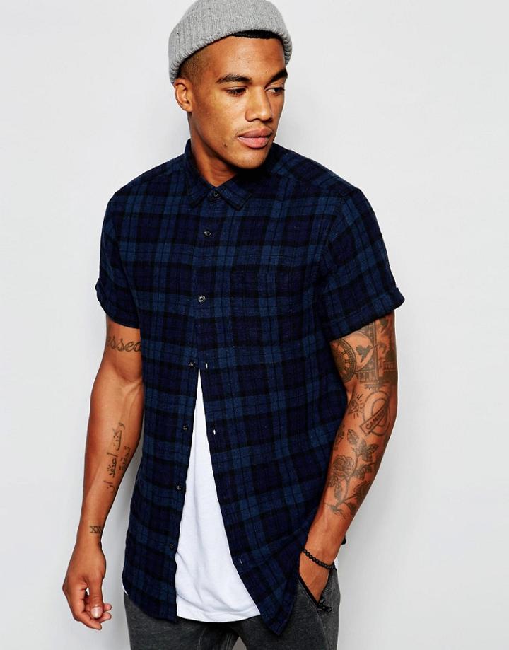 New Look Short Sleeve Check Shirt In Navy In Regular Fit - Navy