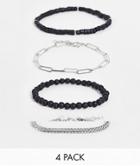 Asos Design 4 Pack Bracelet With Beads And Chains In Black And Silver