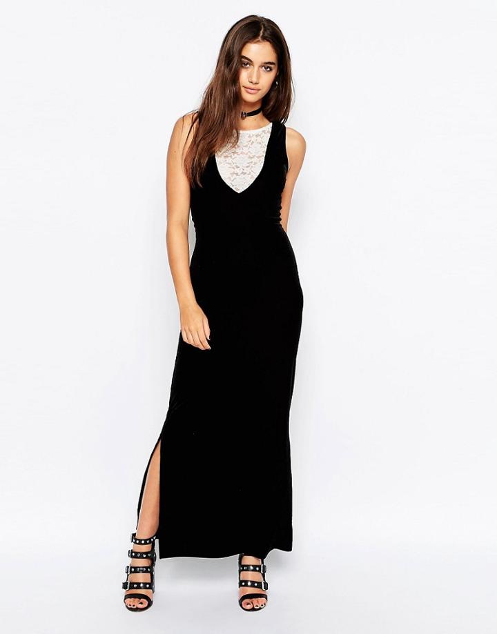 Motel Bella Maxi Dress In Velvet With Lace Insert - Black