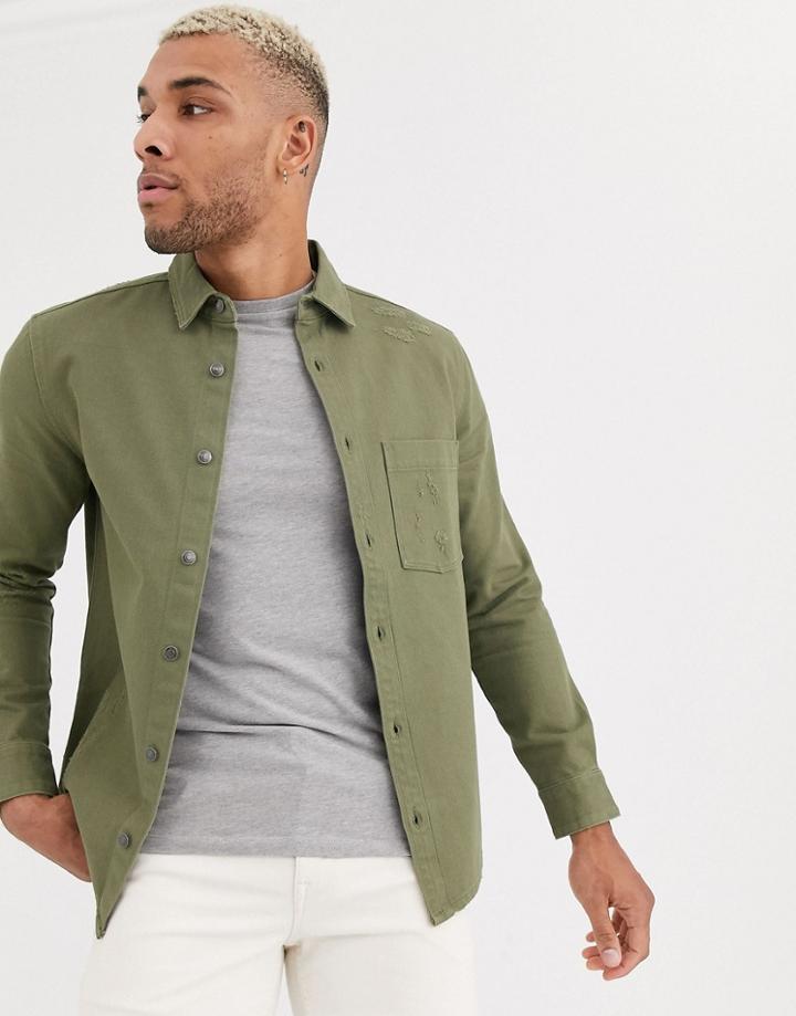 Bershka Long Sleeve Shirt In Khaki-green
