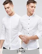 Asos Skinny Shirt In White With Grandad Collar And Long Sleeves 2 Pack Save 15% - White