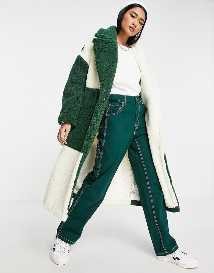 Topshop Patchwork Long Sherpa Coat In Green & Cream-multi