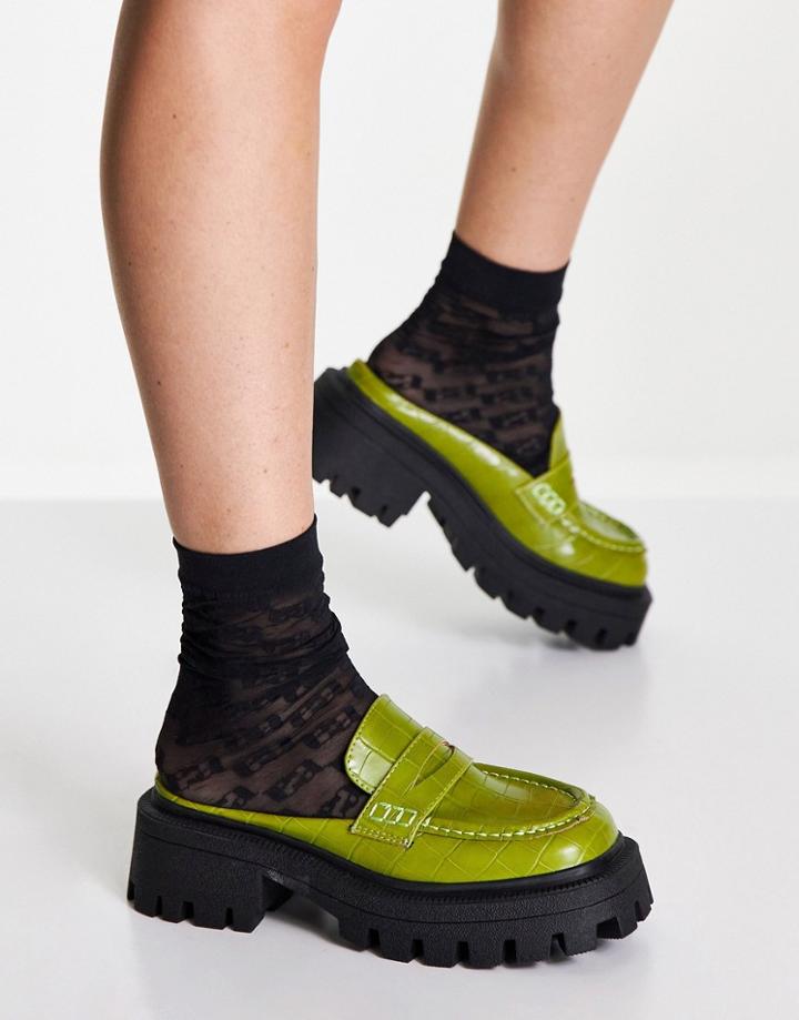 Asos Design Moment Chunky Loafer Flat Mules In Green Croc