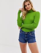 Asos Design Roll Neck Sweater In Fine Knit Rib - Green