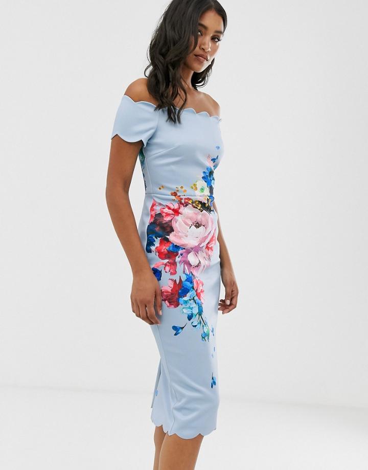 Ted Baker Hailly Bardot Dress In Raspberry Ripple Print - Blue