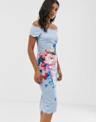 Ted Baker Hailly Bardot Dress In Raspberry Ripple Print - Blue
