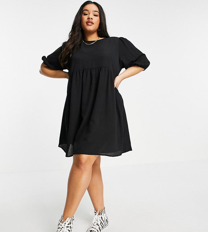 Asos Design Curve Short Sleeve Smock Mini Dress In Black