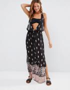 Liquorish Ditsy Boarder Print Deep V Beach Maxi Dress - Black
