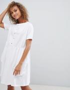 Asos Design Button Front Smock Dress With Pockets - White