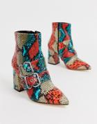 Miss Selfridge Pointed Boots With Double Buckle In Snake Print - Multi