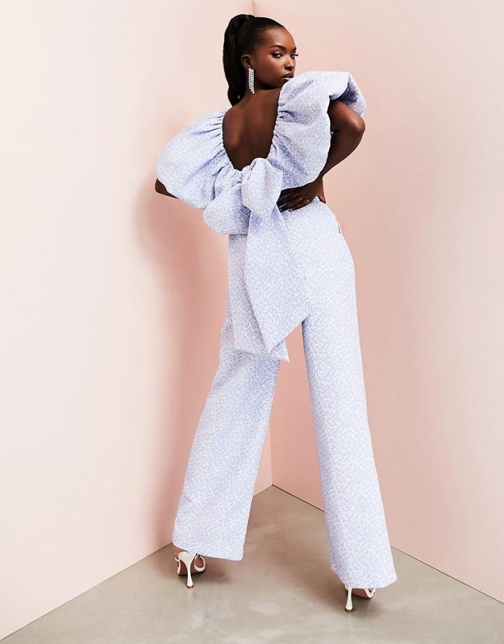 Asos Luxe Bubble Bardot Jacquard Wide Leg Jumpsuit In Blue Ditsy Floral