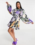 Asos Edition Satin Mini Dress With Blouson Sleeve In Floral Print-multi