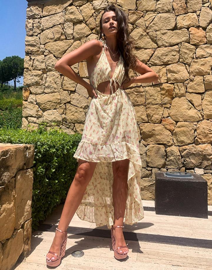 Asos Design High Low Hem Tie Front Beach Dress In Yellow Ditsy Floral Print-multi