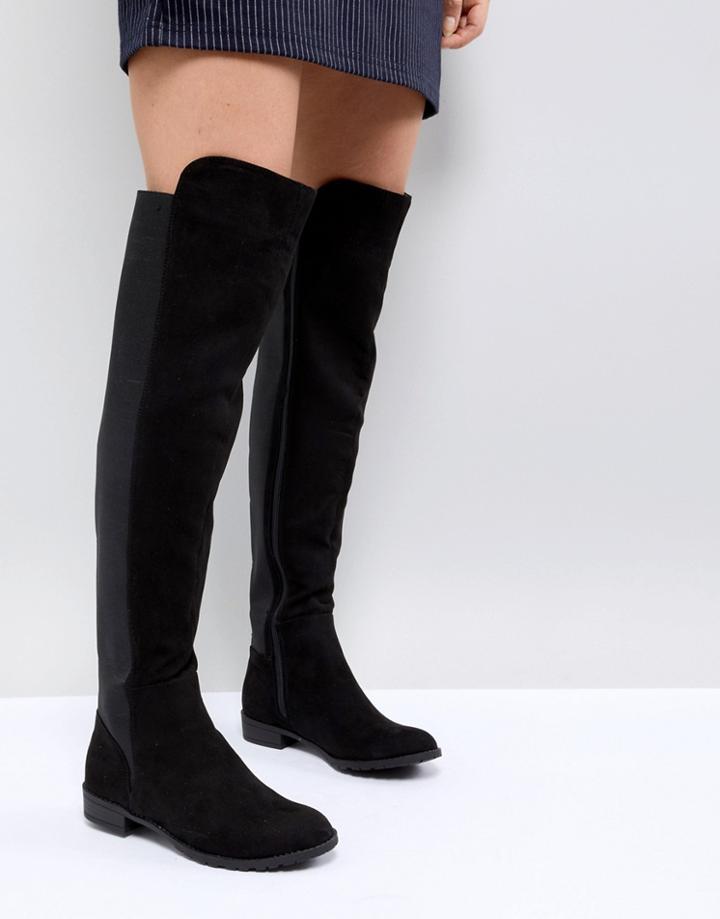 London Rebel Elastic Flat Over Knee Boot - Black