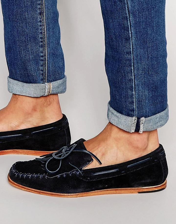 Hudson London Manuel Suede Fringed Loafers - Navy