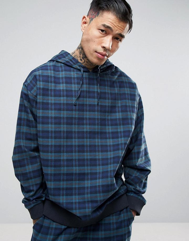 Asos Oversized Woven Checked Hoodie - Navy