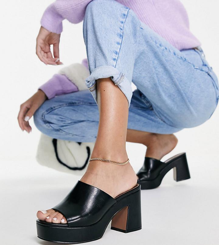 Asos Design Wide Fit Harmony Mid Heeled Platform Mules In Black