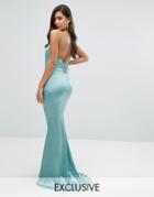 Jarlo High Neck Satin Maxi Dress With Lace Up Back - Green