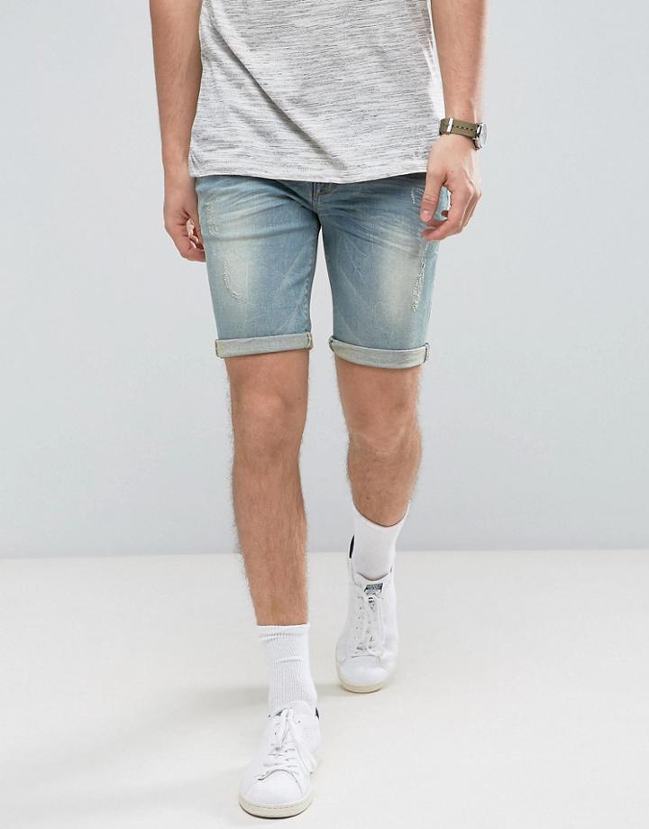 Asos Denim Shorts In Super Skinny With Abrasions Light Wash Blue - Blue