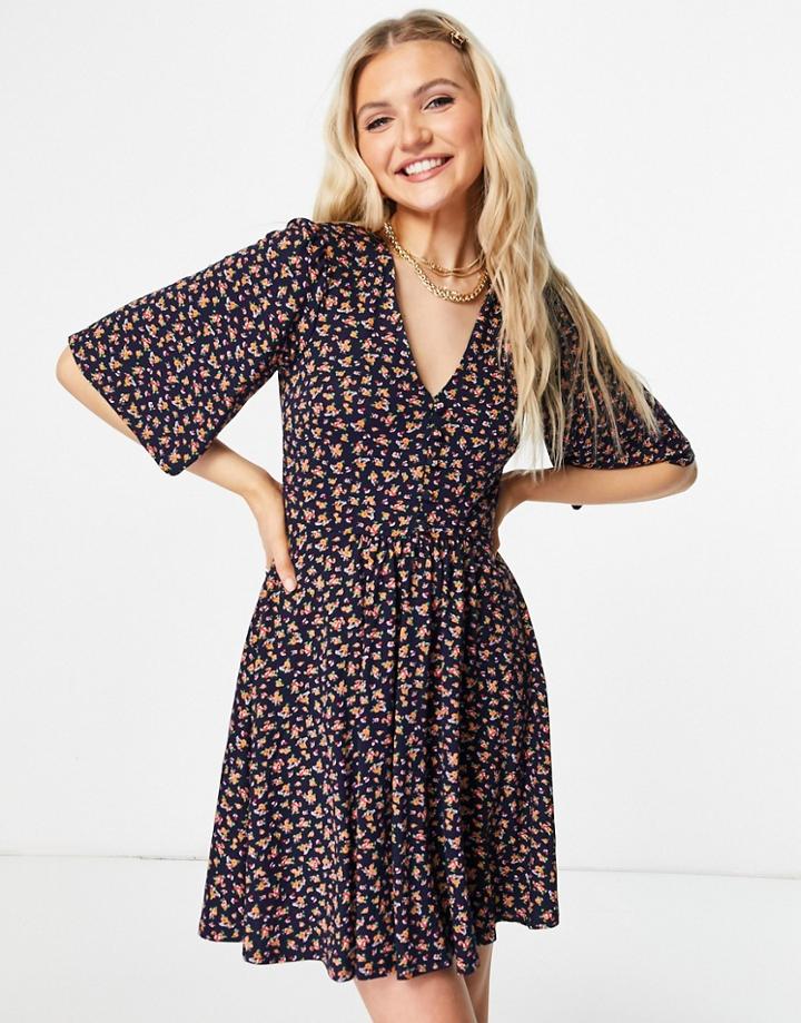 Asos Design Mini Swing Dress In Navy Floral Print