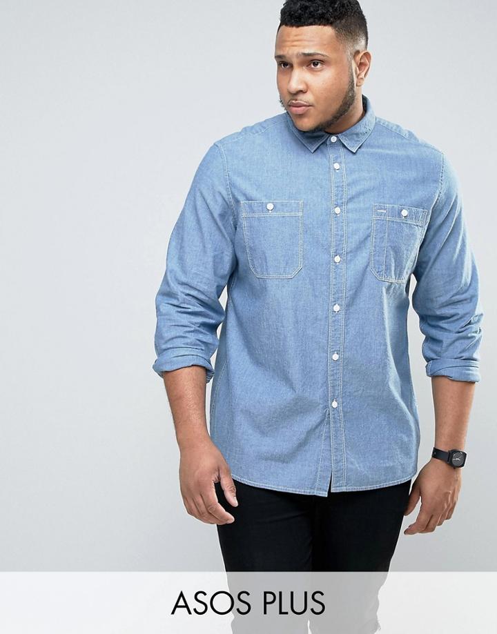 Asos Plus Regular Fit Denim Shirt In Chambray - Blue