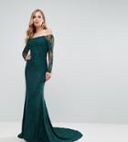 Bariano Off Shoulder Lace Gown With Train - Green