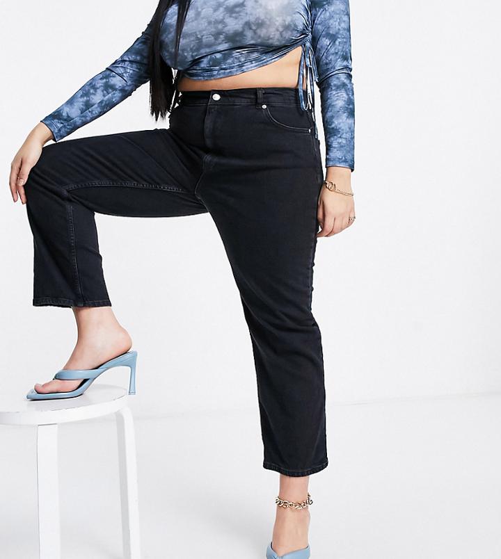 Asos Design Curve High Rise 'stretch' Straight Leg Jeans In Washed Black