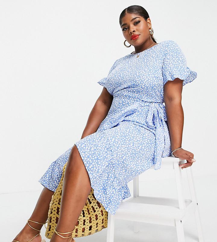 Vero Moda Curve Frill Detail Midi Dress In Blue Spot-blues