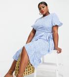 Vero Moda Curve Frill Detail Midi Dress In Blue Spot-blues