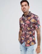 Asos Design Skinny Floral Print Shirt In Red - Red