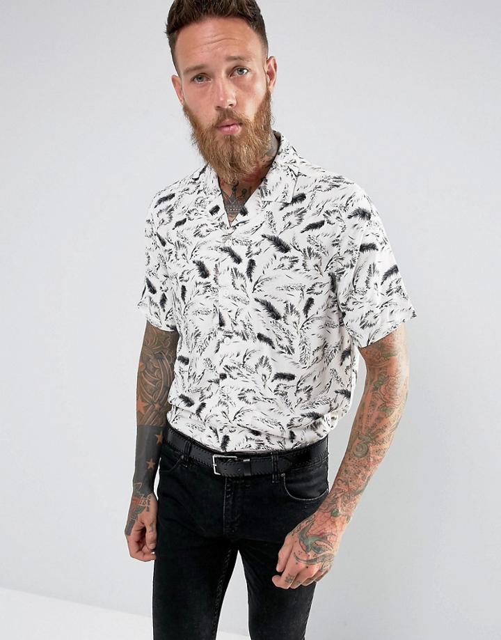 Asos Regular Fit Viscose Shirt With Revere Collar And Feather Print - White