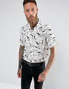 Asos Regular Fit Viscose Shirt With Revere Collar And Feather Print - White