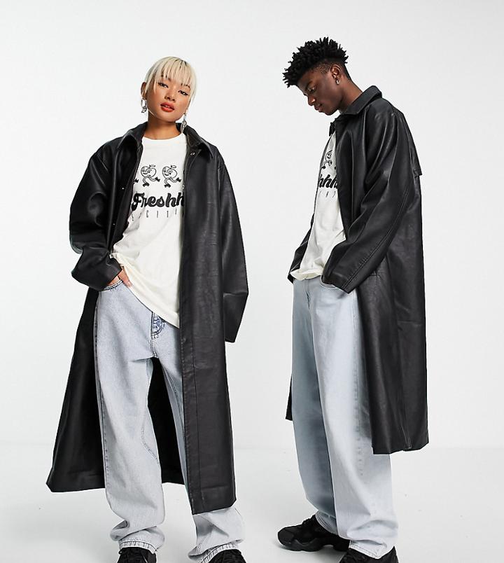 Collusion Unisex Pu Longline Coat In Black