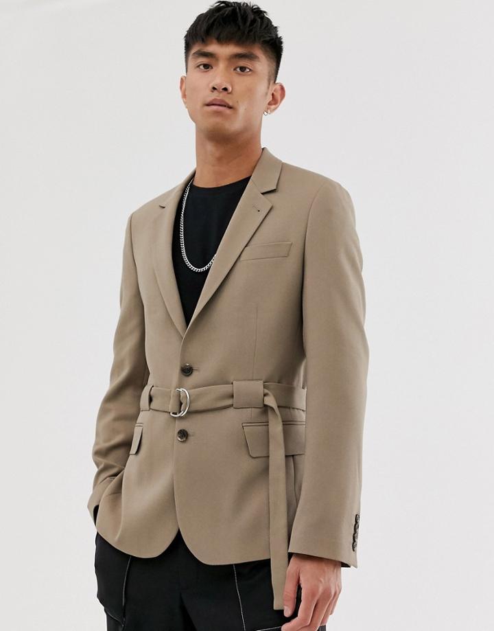 Asos Design Skinny Blazer With Belt In Camel - Tan