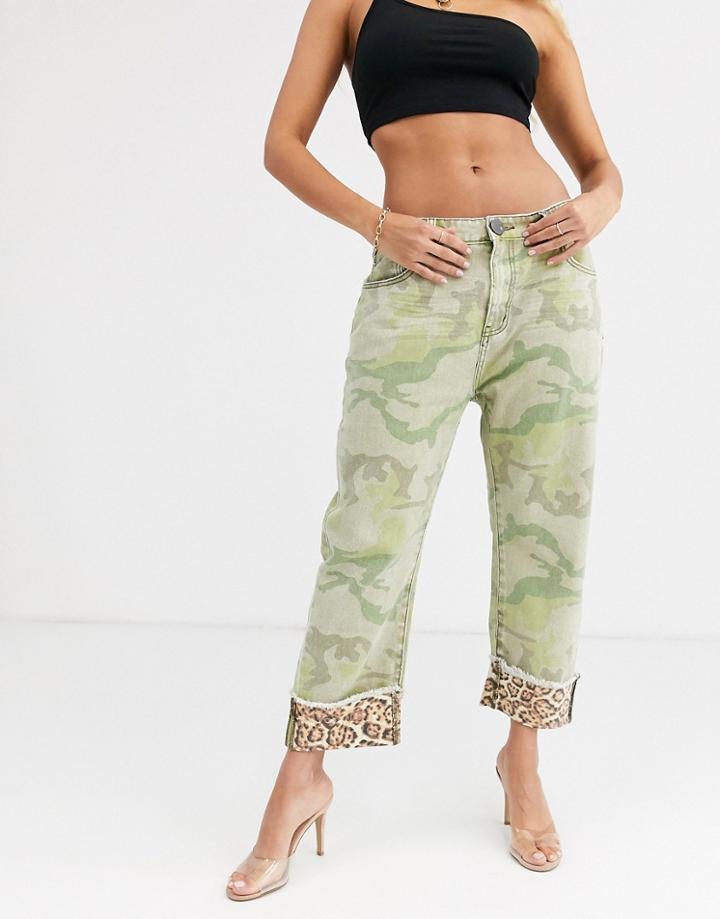 One Teaspoon Bandits Camo Straight Leg Jean With Leopard Detail - Green